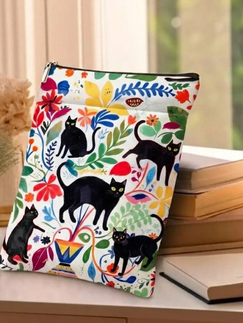 Black Cat Floral Canvas Zippered Pouch Tablet Case Book Sleeve Cover NWT Gift